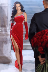 Gorgeous Red Straps Sequined Mermaid Prom Dress With Side Slit